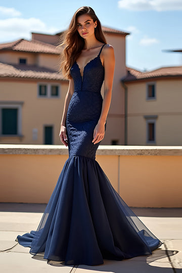 Sjöjungfru Navy Spaghetti Straps Lång Spets Balklänning